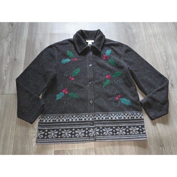 Talbots Womens Medium Wool Christmas Cardigan Embroidered Holly & Nordic Pattern - Picture 2 of 9